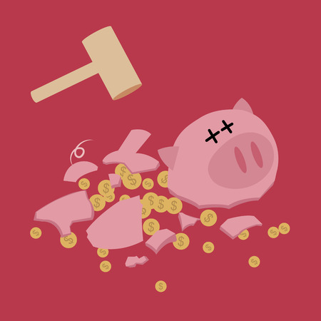Broken Piggy bank with hammer  saving money  Vector のイラスト素材