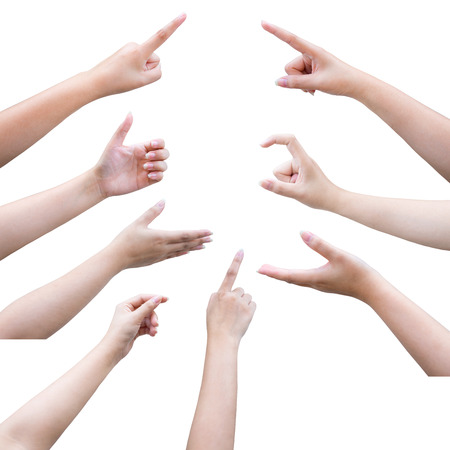 isolated female hand touching or pointing to something with clipping pathの写真素材