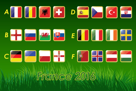 Flags of European football championship 2016 on grass background and soccer ball. 24 nations. vector icons.のイラスト素材