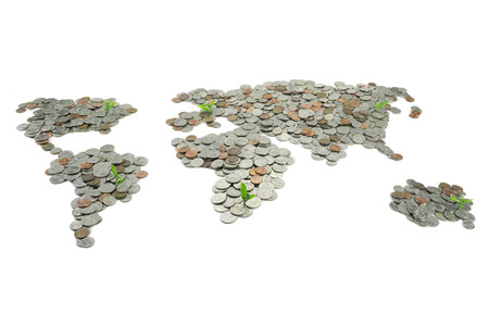 Map made of coins isolated on white backgroundの写真素材