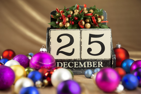 Christmas calendar with 25th December on wooden blocksの写真素材