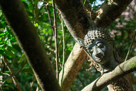 Buddha statue and basket of sage bundles in the garden.