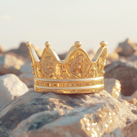 Closeup of a shimmering gold crown placed on a textured stone surface. The elegant design and warm lighting evoke feelings of royalty and achievement.の素材