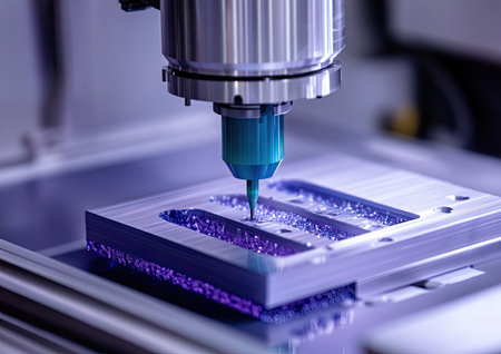 Closeup of a CNC milling machine in action, precisely cutting a metal workpiece. Modern industrial manufacturing and automation technology.の素材