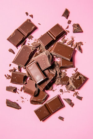 Top view of delicious dark chocolate bar pieces and crumbs scattered on a bright pink surface. Sweet dessert concept.の素材