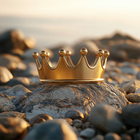 A radiant golden crown sits atop a rugged rock, illuminated by the soft, warm glow of a sunrise or sunset. Symbolizing royalty, power, and achievement in a natural setting.の素材