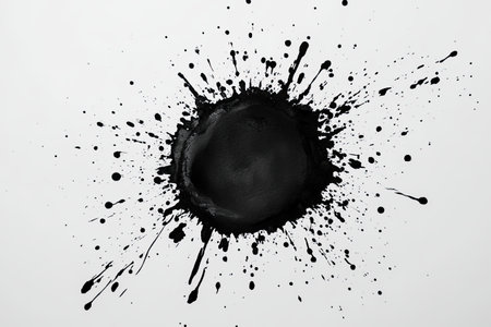 A striking black ink splatter creates an abstract explosion on a pristine white background, perfect for artistic designs.の素材