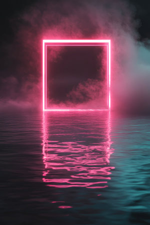 Abstract background with a glowing pink neon square frame reflected in dark water. Mysterious fog creates a vibrant, futuristic, and atmospheric scene.の素材