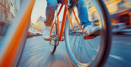 Closeup of a bicycle in motion on a city street, showcasing dynamic speed and urban activity with a strong motion blur.の素材