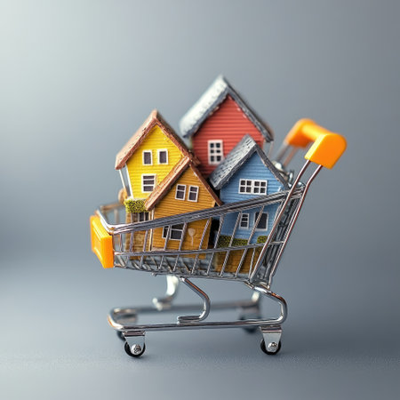 Miniature colorful houses in a shopping cart, symbolizing real estate investment, home buying, and the housing market. A concept for property search and purchase.の素材
