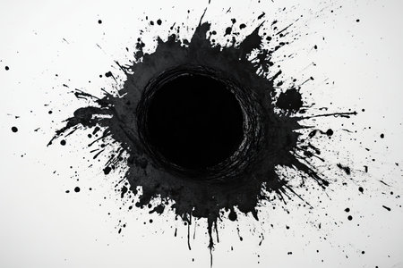 Abstract black ink splash on a white background, creating a dynamic and messy grunge texture. Perfect for artistic designs.の素材