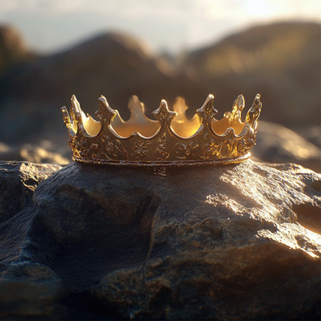 A majestic golden crown rests on a rugged rock, bathed in the warm glow of golden hour light. Symbolizing power, royalty, and ancient heritage.の素材