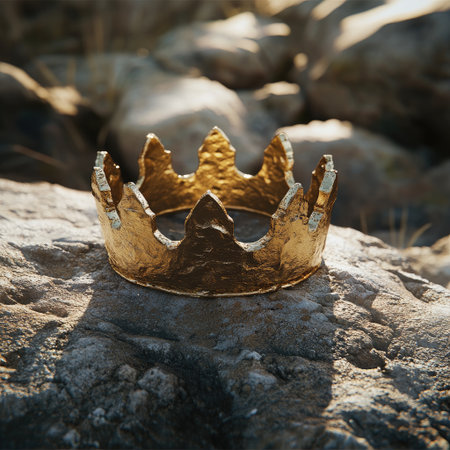A closeup shot of an old, textured golden crown placed on rough, natural stone. The crown appears aged, reflecting a sense of history and forgotten grandeur.の素材