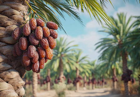 A closeup view of ripe dates hanging from a palm tree, with a blurred plantation in the background under a clear blue sky.の素材