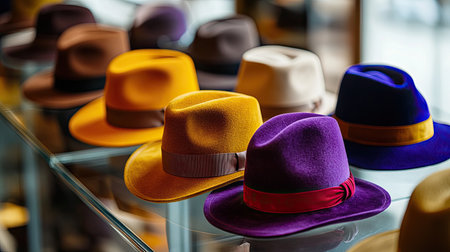A vibrant collection of stylish felt hats in various colors, including gold, purple, and blue, displayed on a glass shelf. Ideal for fashion and accessory themes.の素材
