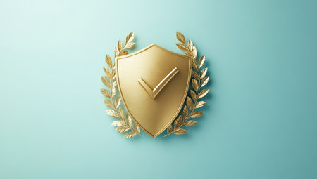 A 3D render of a golden shield with a checkmark, encircled by golden laurel leaves, on a light blue background. Symbolizes quality, approval, security, and excellence.の素材