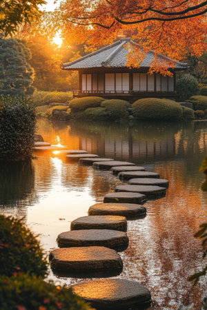 A tranquil Japanese garden scene at golden hour, featuring a traditional building, vibrant autumn foliage, and stepping stones across a reflective pond. Serene and picturesque.の素材