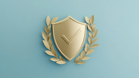Golden shield with a checkmark and laurel wreath, symbolizing security, quality, and achievement. Ideal for concepts of protection, guarantee, and success.の素材