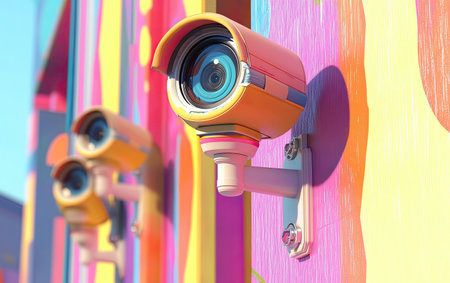 Modern surveillance cameras mounted on a brightly painted, textured wall, showcasing urban safety and colorful design.の素材