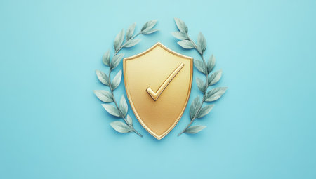 Golden shield with a checkmark, surrounded by a laurel wreath, on a light blue background. This image symbolizes security, quality, protection, and success. It represents achievement, approval, and excellence.の素材