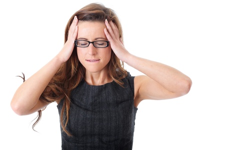 Stressed young attractive businesswoman isolated on whiteの写真素材