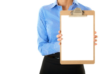 businesswoman in blue stripped shirt holds clipboard with A4 size white card, studio shoot isolated on whiteの写真素材