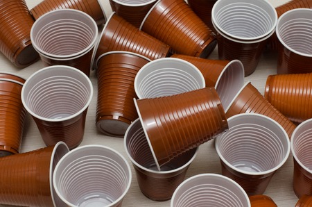 Brown plastic cups. Photo close upの写真素材