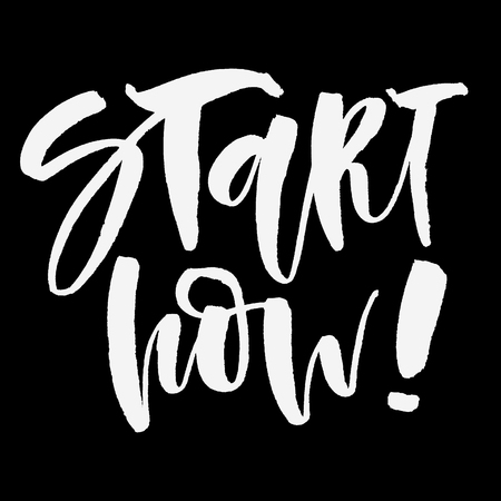 Start now. White inscription on a black background. Handwritten text. Modern calligraphy. Inspirational quote.の写真素材