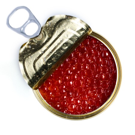 Red caviar of salmon fish. Metal can. White backgroundの写真素材