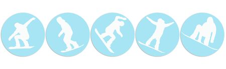 White silhouettes of snowboarders in blue circles. Snowboarding-a winter sportの写真素材