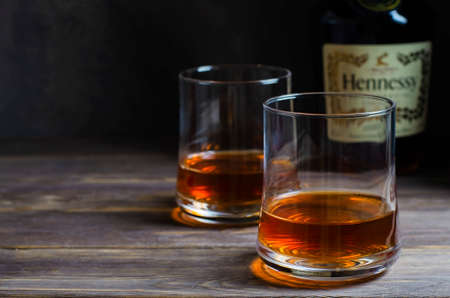 IZHEVSK, RUSSIA - July 20, 2020: Hennessy cognac in a bottle. Copy space.のeditorial素材