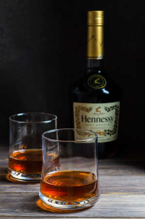 IZHEVSK, RUSSIA - July 20, 2020: Hennessy cognac in a bottle. Copy spaceのeditorial素材