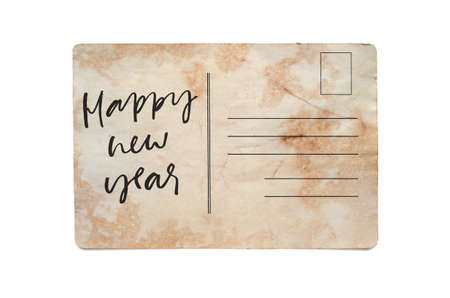 Happy new Year. Lettering on a vintage postcard. Isolated on whiteの写真素材