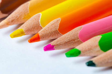 Colored pencils closeup. White background. Copy spaceの写真素材