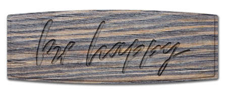 Be happy. Handwritten inscription on a wooden sign. Isolated on whiteの写真素材