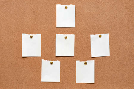 Blank paper notes are pinned to a cork board. Copy space.