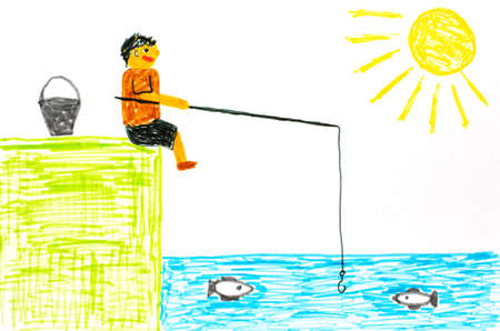 A fisherman with a fishing rod sits on the bank of a river or lake. Childrens drawing with felt-tip pens.の写真素材