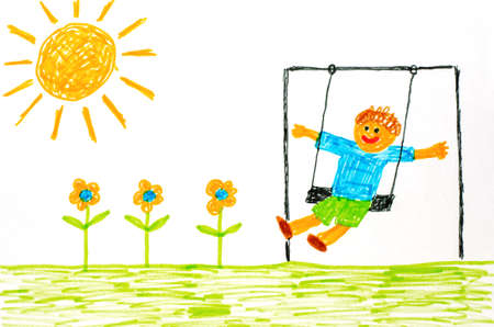 A boy swings on a swing at noon. Childrens drawing with felt-tip pens.の写真素材