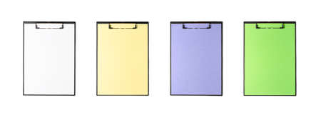 A set of clipboards with colored paper. Isolated on white