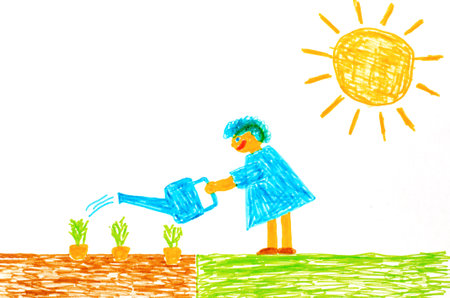 A girl from a watering can is watering a vegetable garden. Childrens drawing with felt-tip pens.の写真素材