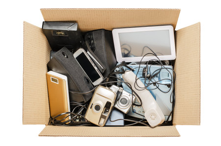 Old electronic devices in a cardboard box. The concept of recycling and disposal of electronic waste. Isolated on whiteの写真素材
