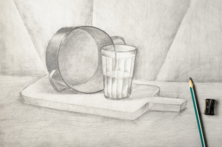 The still life is drawn in pencil. The concept of learning to drawの写真素材