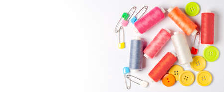Accessories for sewing on a white background. Closeup. Copy spaceの写真素材