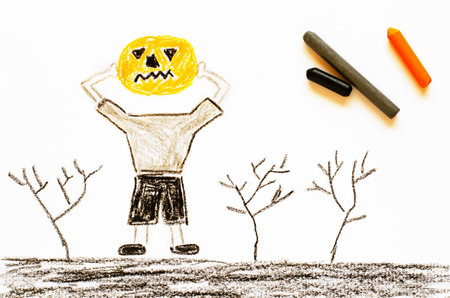 A headless pumpkin monster. Childrens drawing. The concept of celebrating Halloween