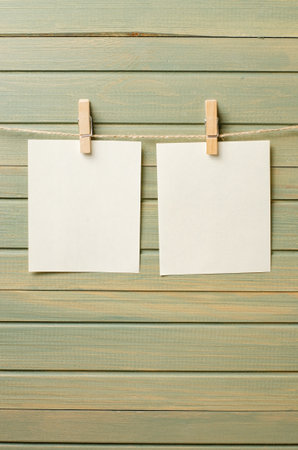 Empty paper sheets hang on a rope. A design element. Wooden background. Copy space.の写真素材
