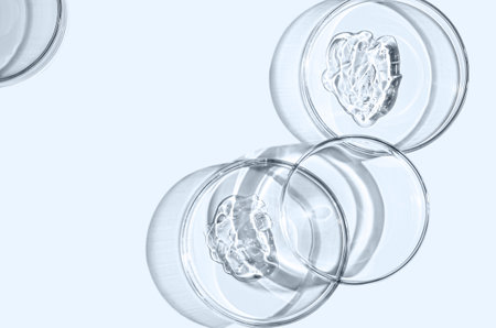 A sample of skin serum or moisturizing gel in a Petri dish. Copy space