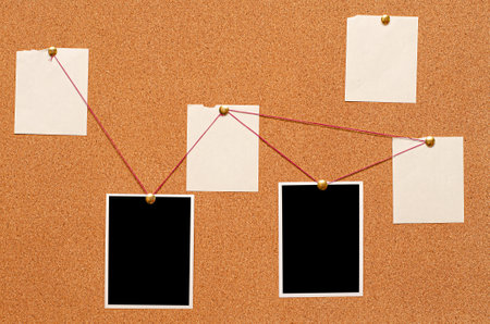 Blank paper notes and an empty photo are pinned to a cork board. The concept of detective investigationの写真素材