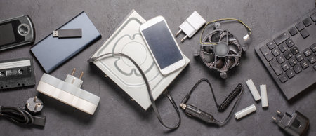 Old electronic devices on a black background. The concept of recycling used gadgets.