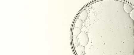 Cosmetic moisturizing gel or skin serum in a petri dish. Copy space