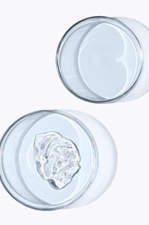 A sample of skin serum or moisturizing gel in a Petri dish. A cosmetic product.の写真素材